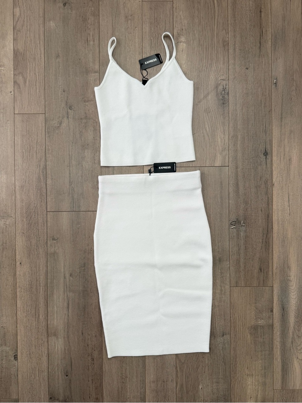 Express White Midi Pencil Skirt and Top Sleek Knit ‘Crepe’ Set